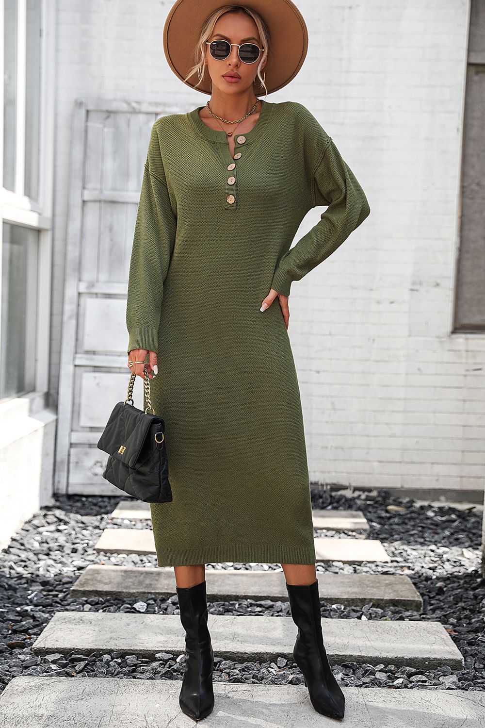 Decorative Button Notched Dropped Shoulder Sweater Dress - Siennasass