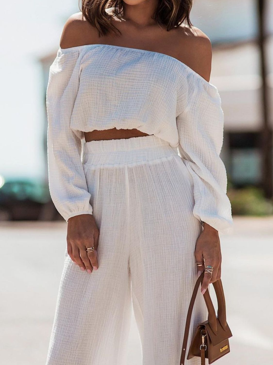 Off Shoulder Long Sleeve Top and Pants Set - Siennasass