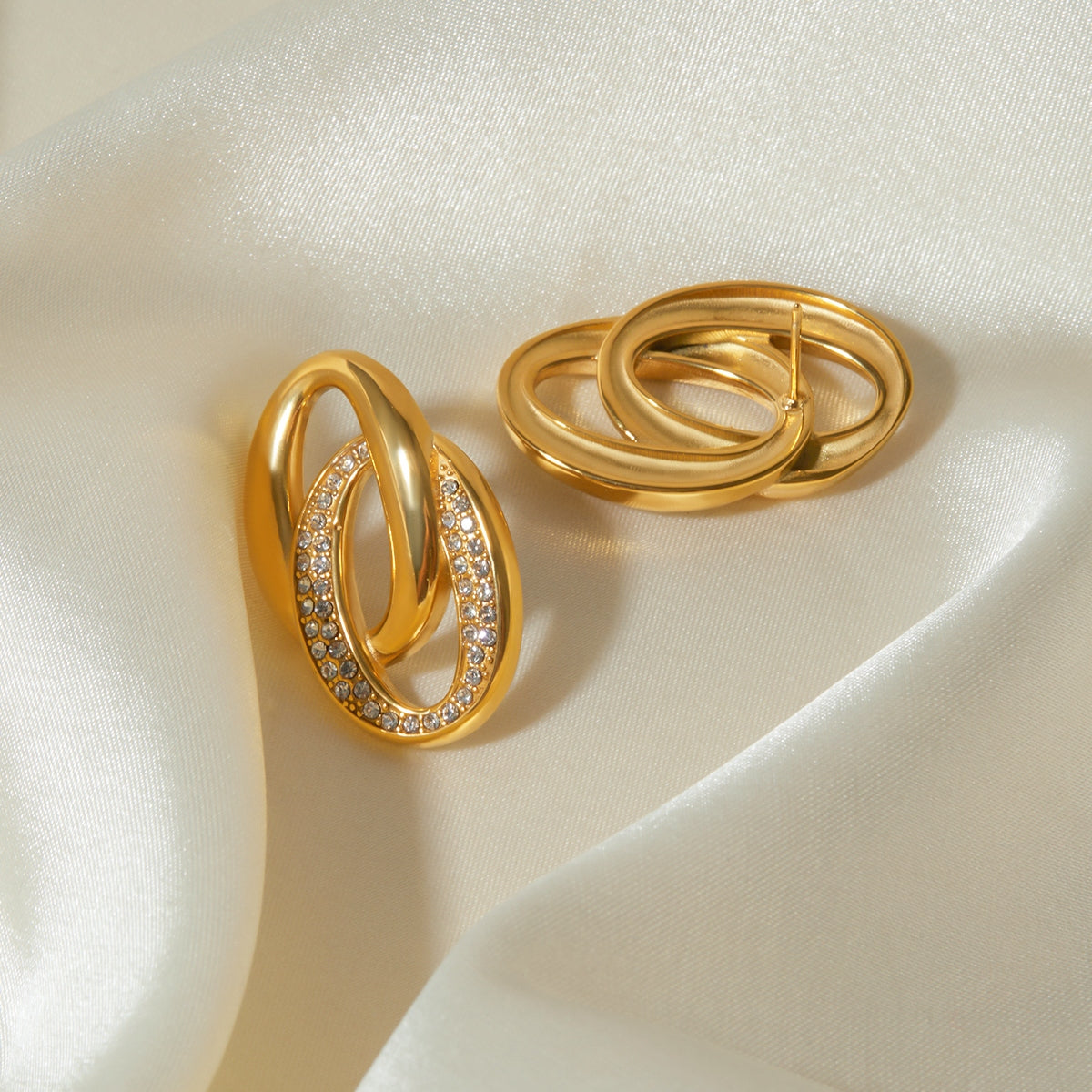 Stainless Steel Inlaid Rhinestone Double-Hoop Earrings - Siennasass