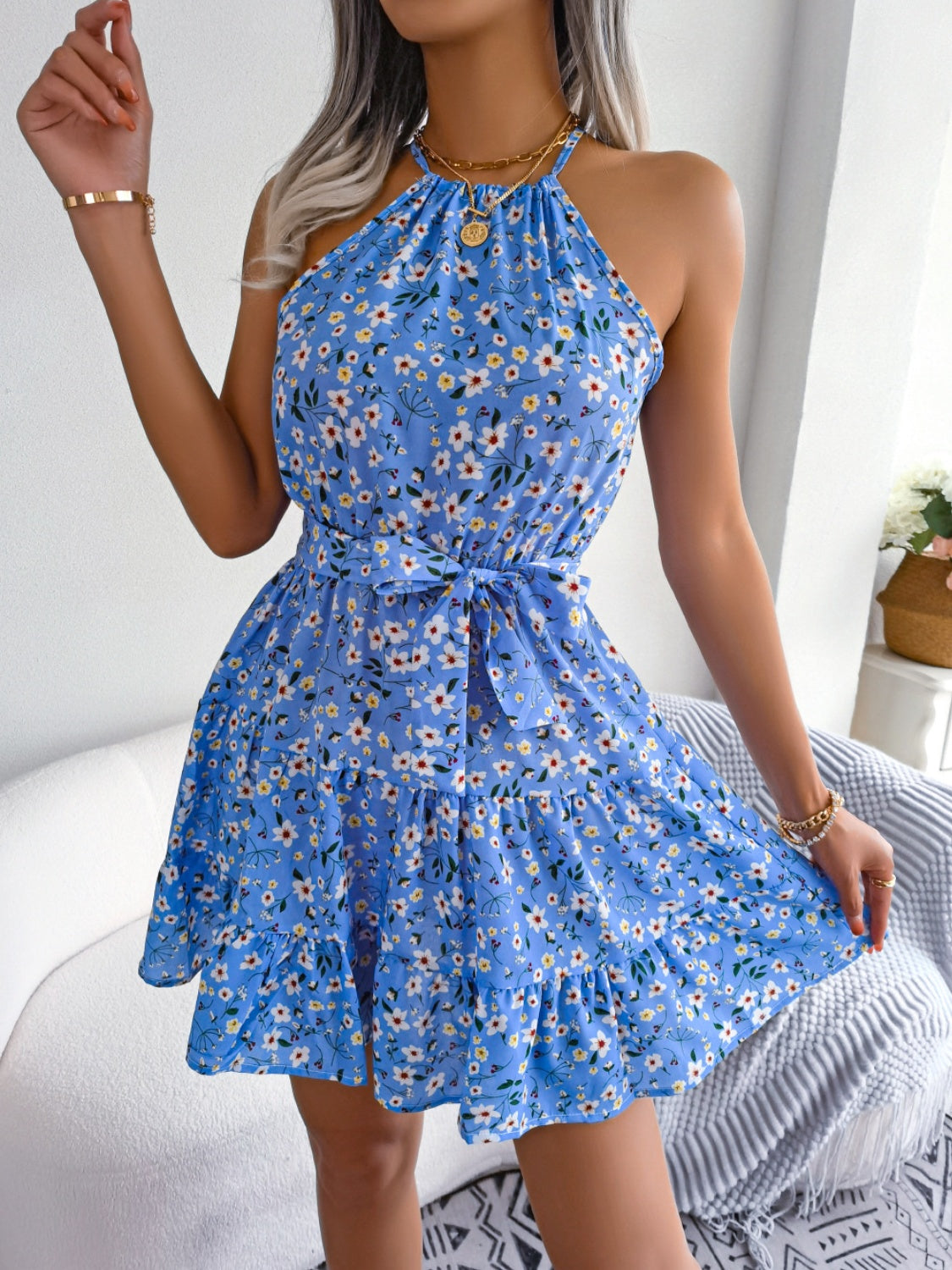 Tied Printed Grecian Neck Mini Dress - Siennasass