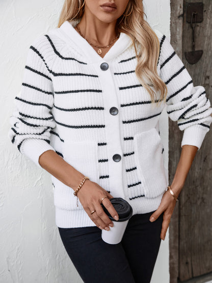 Striped Button Up Long Sleeve Hooded Cardigan - Siennasass