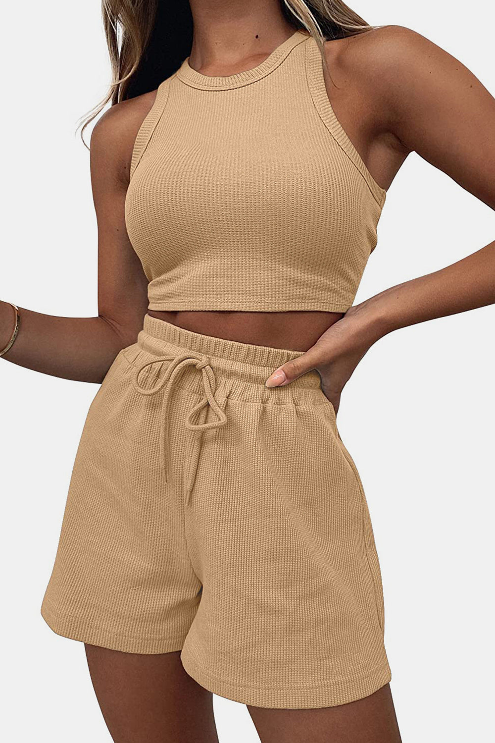 Round Neck Top and Drawstring Shorts Set - Siennasass