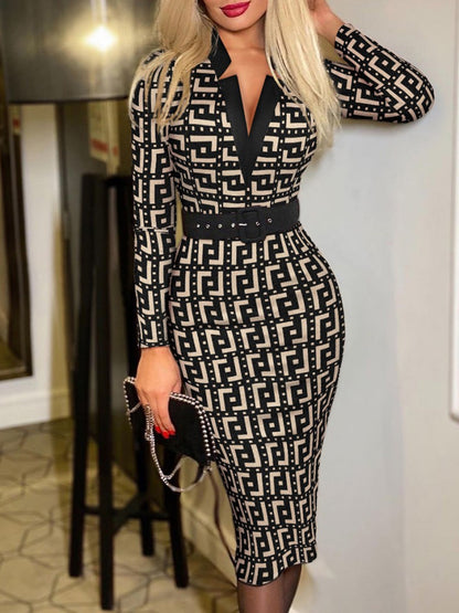 Printed Notched Long Sleeve Wrap Dress - Siennasass