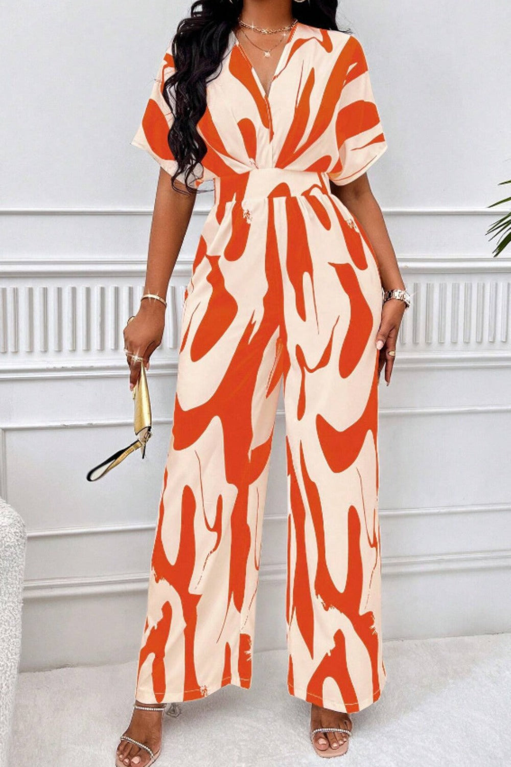 Printed V-Neck Short Sleeve Wide Leg Jumpsuit - Siennasass