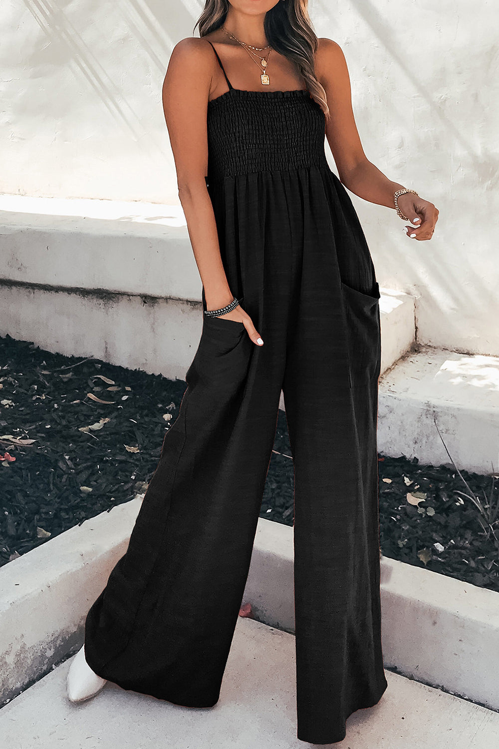 Smocked Spaghetti Strap Wide Leg Jumpsuit - Siennasass