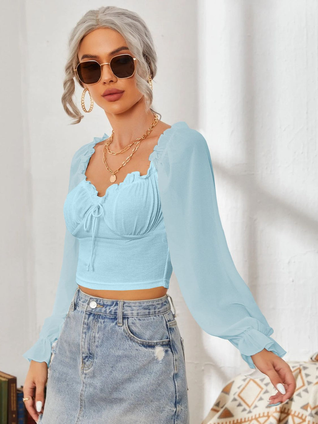 Mesh Sweetheart Neck Flounce Sleeve Top - Siennasass