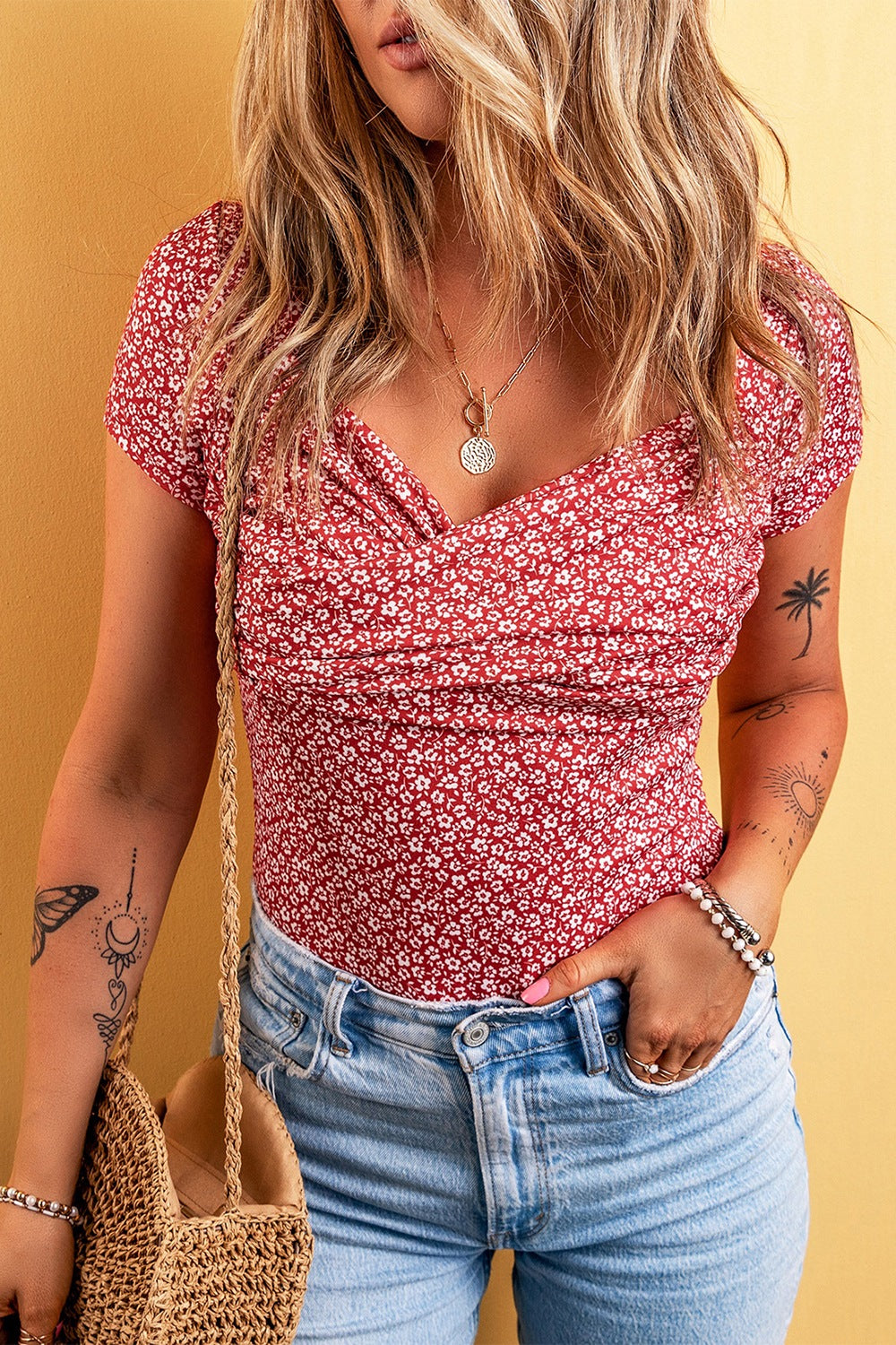 Floral Surplice Short Sleeve Bodysuit - Siennasass