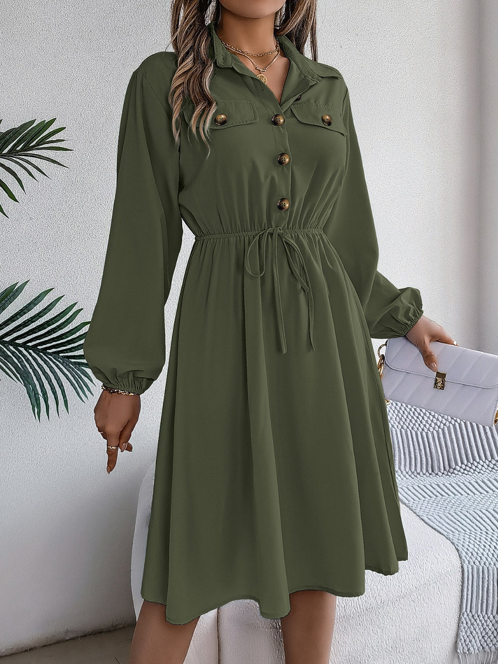 Collared Neck Long Sleeve Dress with Pockets - Siennasass