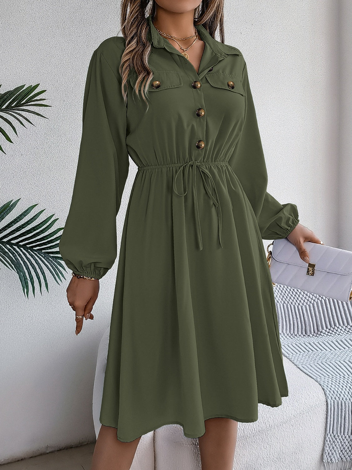 Collared Neck Long Sleeve Dress with Pockets - Siennasass