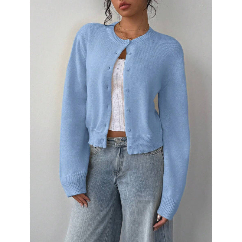 Chic Solid Color Slim Fit Short Cardigan Sweater - Long Sleeve Knit