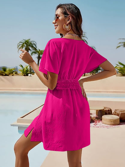 Smocked V-Neck Short Sleeve Dress - Siennasass