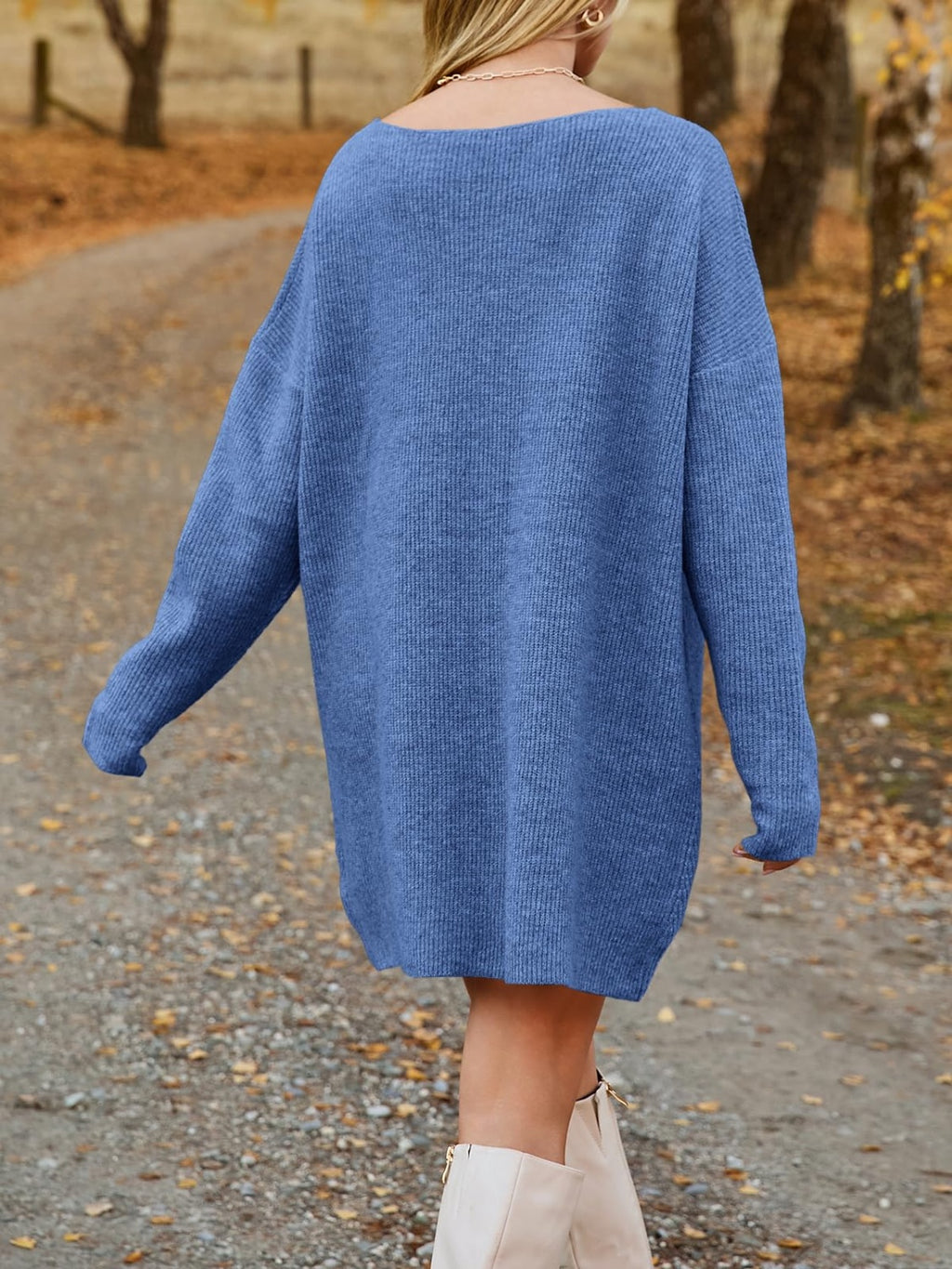 V-Neck Dropped Shoulder Sweater Dress - Siennasass