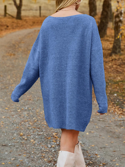 V-Neck Dropped Shoulder Sweater Dress - Siennasass