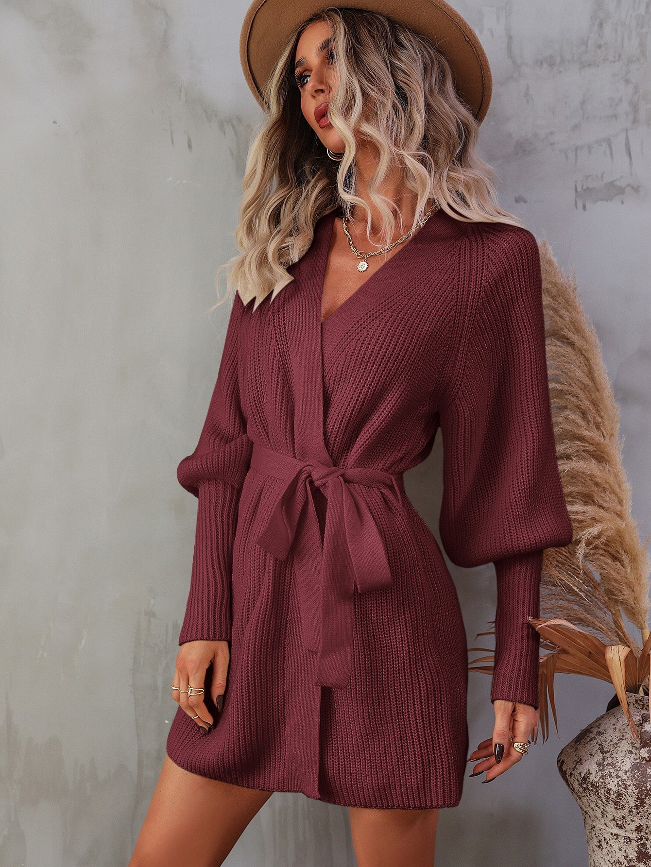 Belted Surplice Lantern Sleeve Wrap Sweater Dress - Siennasass