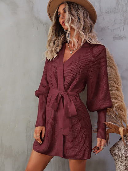 Belted Surplice Lantern Sleeve Wrap Sweater Dress - Siennasass
