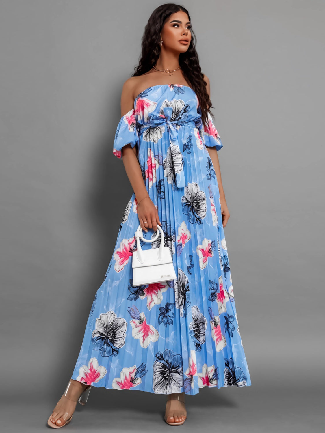 Pleated Floral Off-Shoulder Short Sleeve Midi Dress - Siennasass