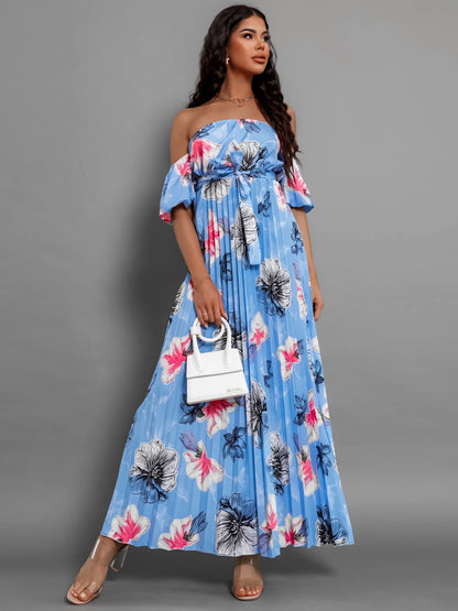 Pleated Floral Off-Shoulder Short Sleeve Midi Dress - Siennasass