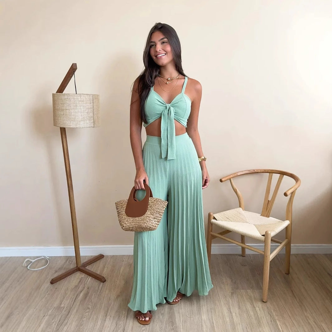 Camisole Pleated Loose Wide Leg Pants Set