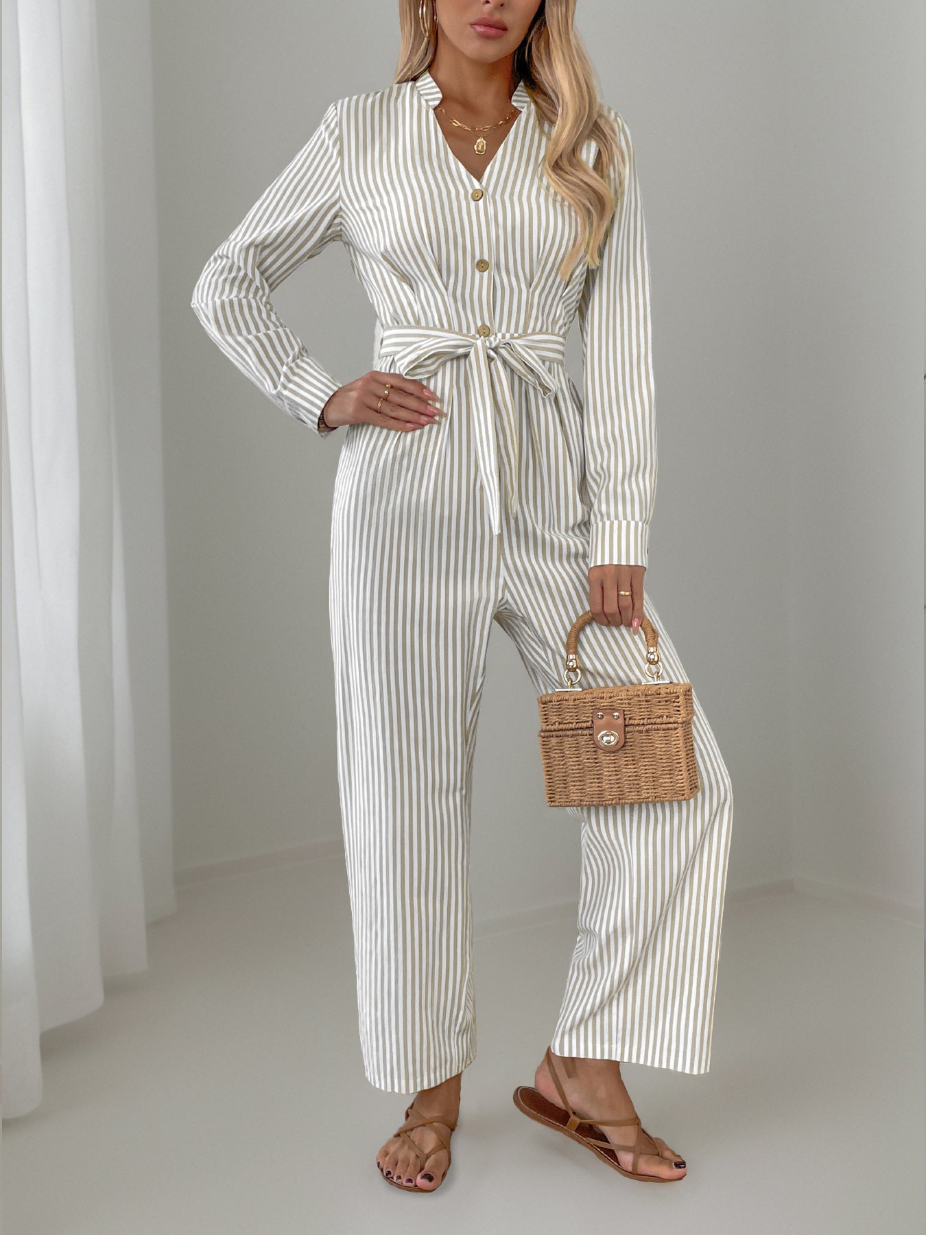 Striped Notched Long Sleeve Tie Waist Jumpsuit - Siennasass