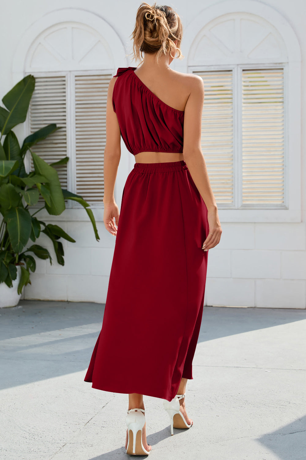 Ruched One Shoulder Top and Slit Skirt Set - Siennasass