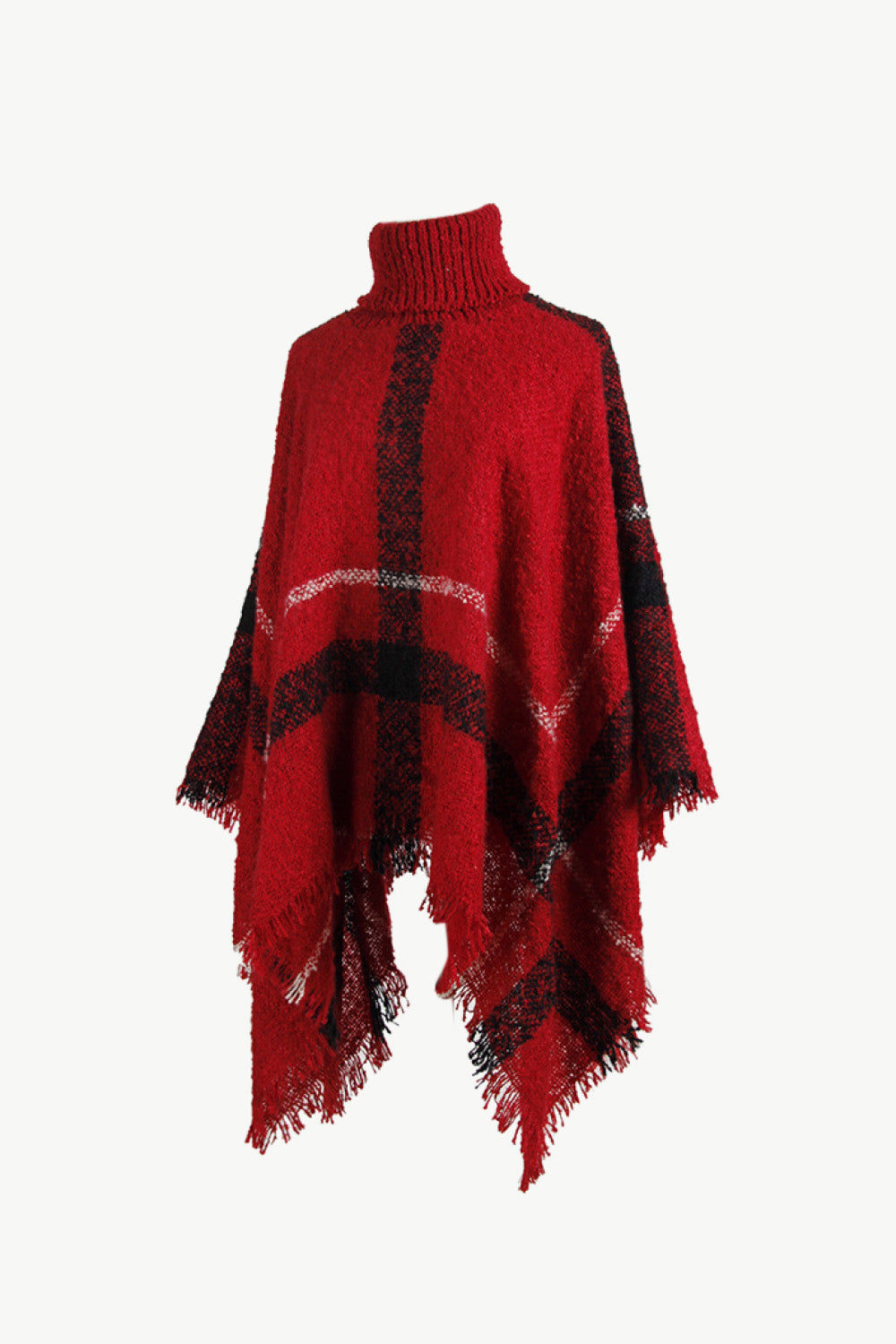 Plaid Turtleneck Raw Hem Poncho - Siennasass