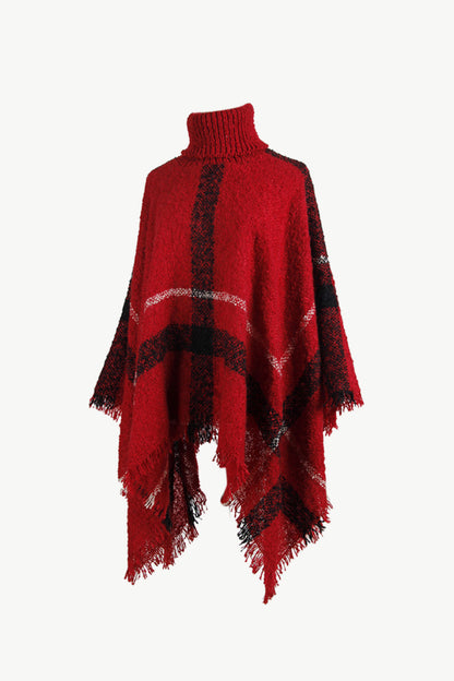 Plaid Turtleneck Raw Hem Poncho - Siennasass
