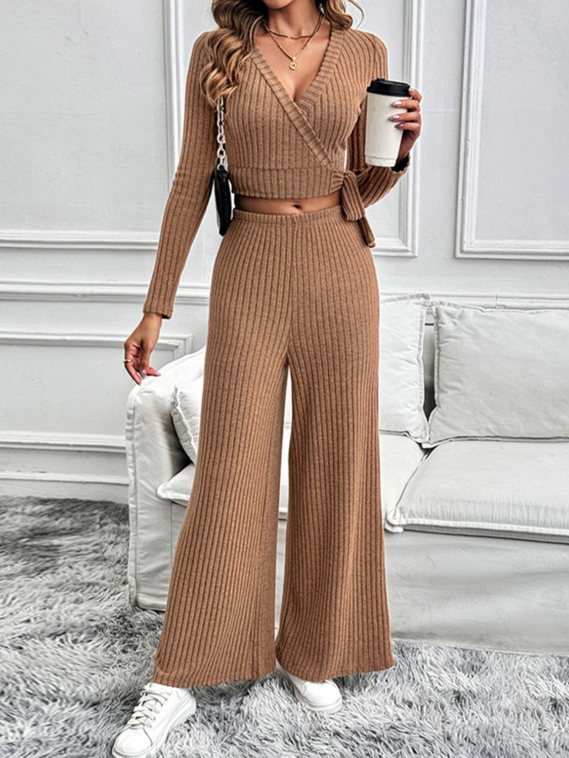 Perfee Surplice Long Sleeve Top and Pants Set - Siennasass