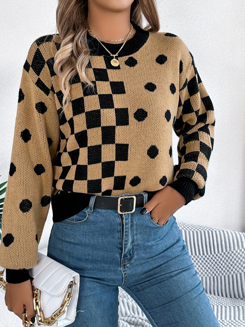 Plaid Round Neck Long Sleeve Sweater - Siennasass