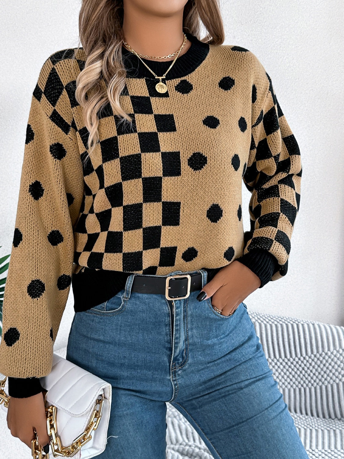 Plaid Round Neck Long Sleeve Sweater - Siennasass