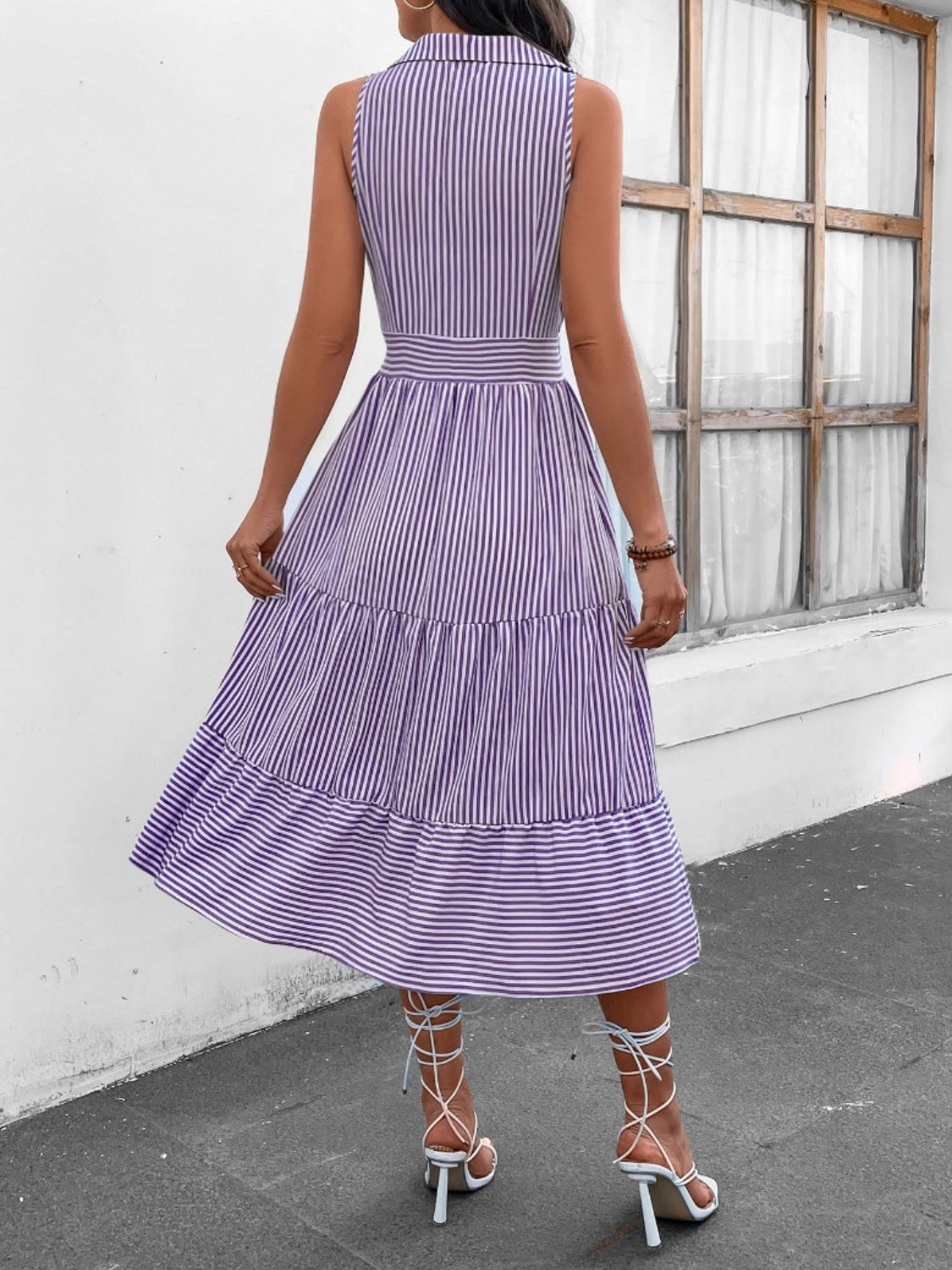 Striped Johnny Collar Sleeveless Midi Dress - Siennasass