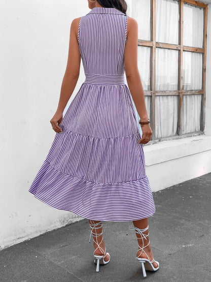Striped Johnny Collar Sleeveless Midi Dress - Siennasass