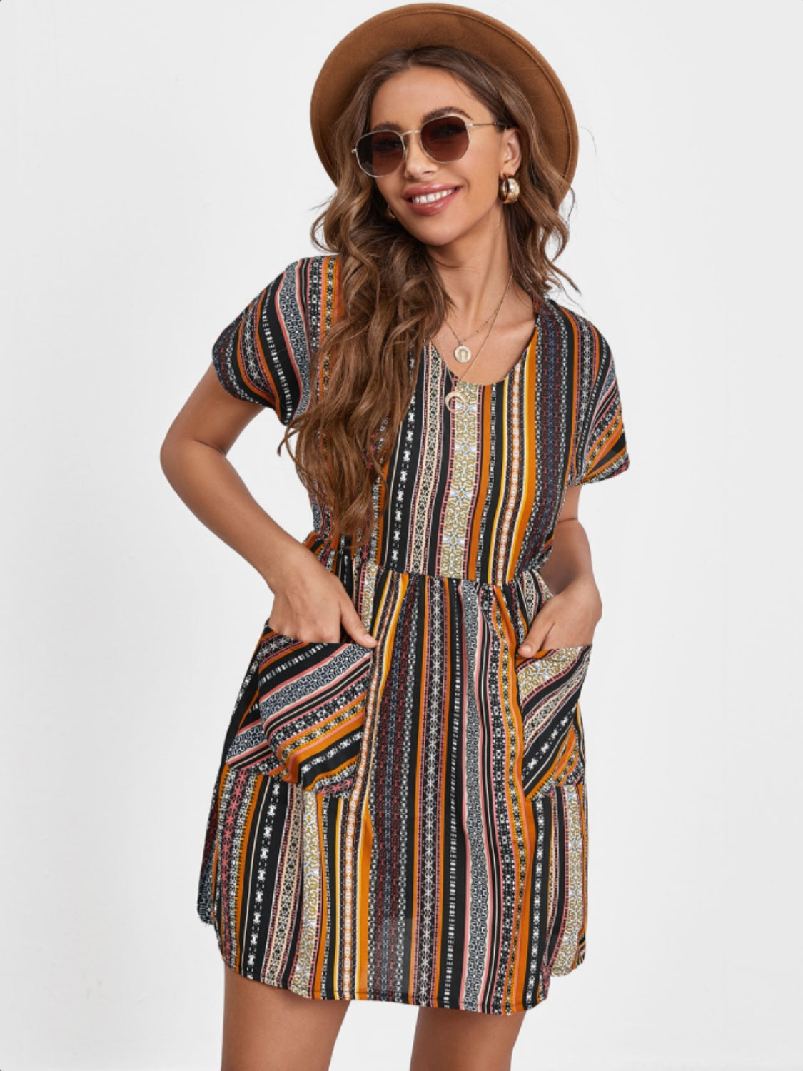 Pocketed Striped Short Sleeve Dress - Siennasass