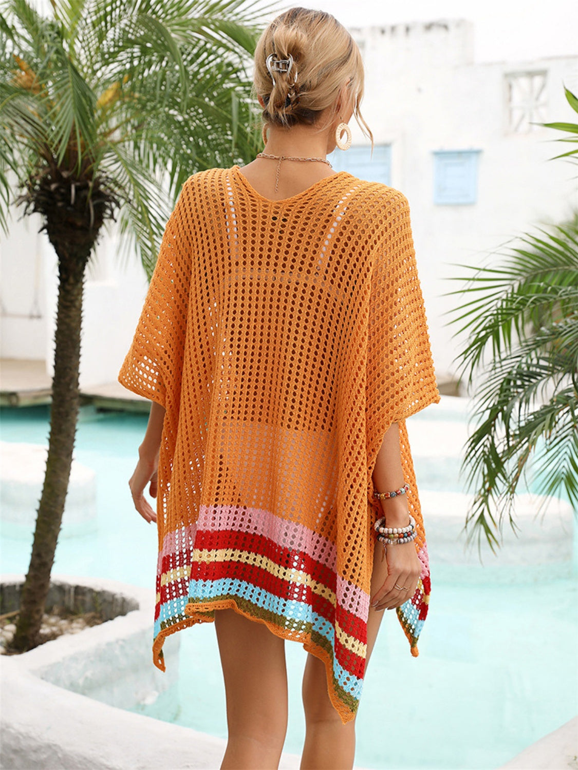 Slit Openwork V-Neck Half Sleeve Cover-Up - Siennasass