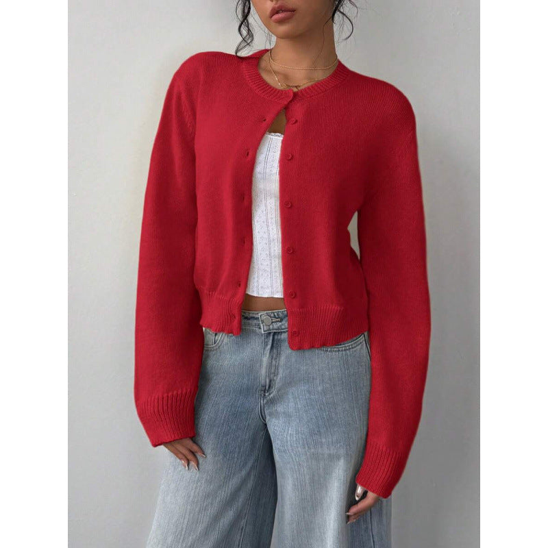 Chic Solid Color Slim Fit Short Cardigan Sweater - Long Sleeve Knit