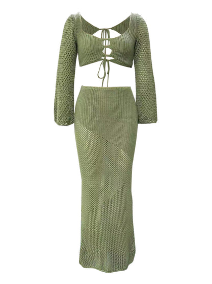 Tied Long Sleeve Top and Skirt Cover Up Set - Siennasass