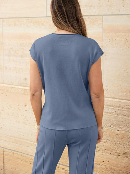 Round Neck Cap Sleeve Top and Pants Knit Set - Siennasass