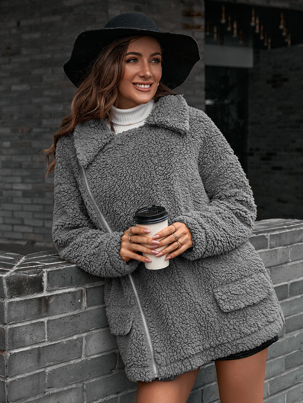 Zip-Up Collared Teddy Jacket - Siennasass