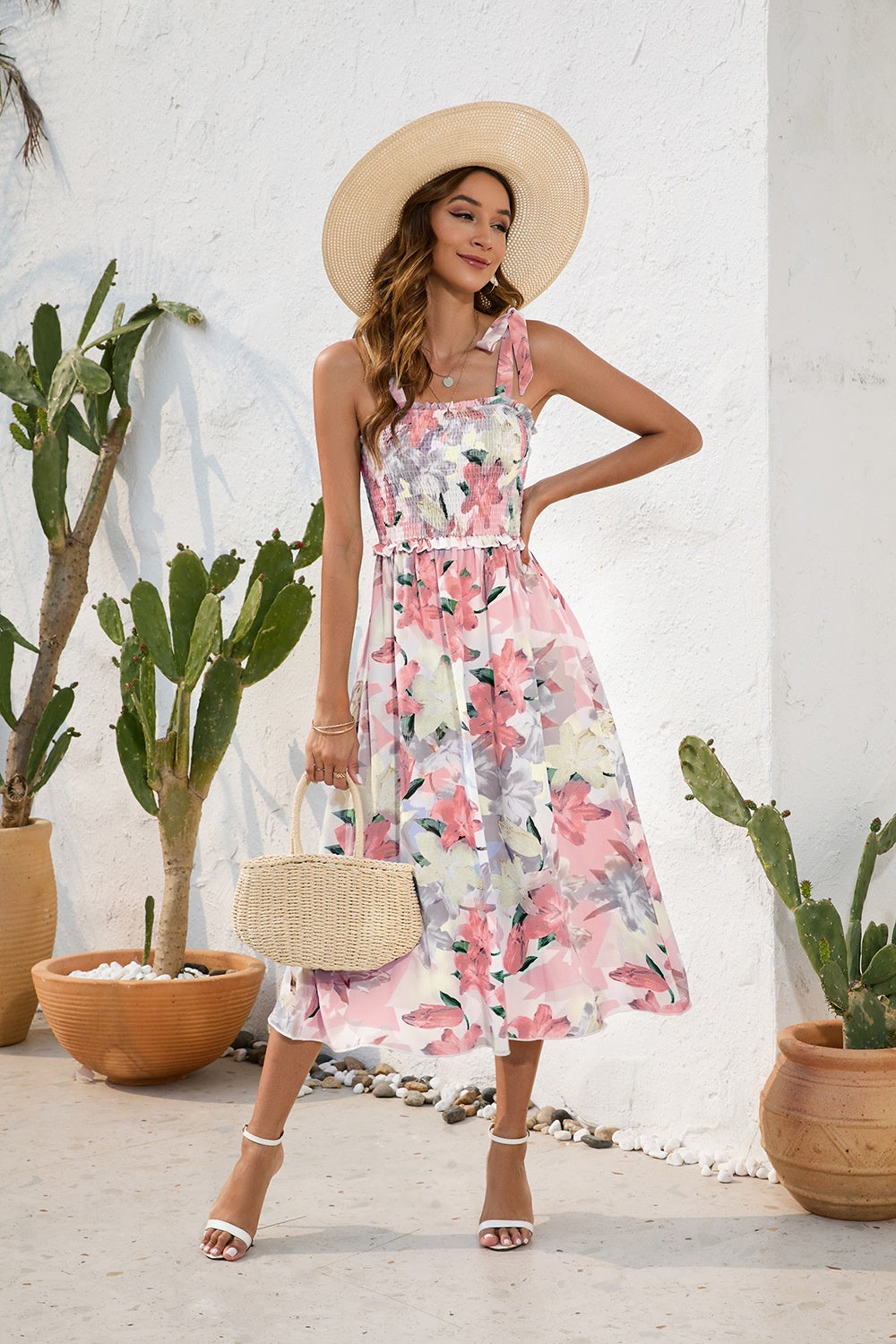 Smocked Printed Square Neck Midi Dress - Siennasass