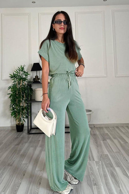 Round Neck Short Sleeve Top and Drawstring Pants Set - Siennasass