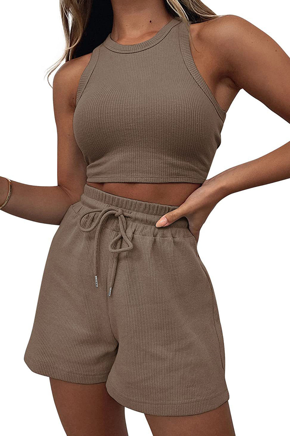 Round Neck Top and Drawstring Shorts Set - Siennasass