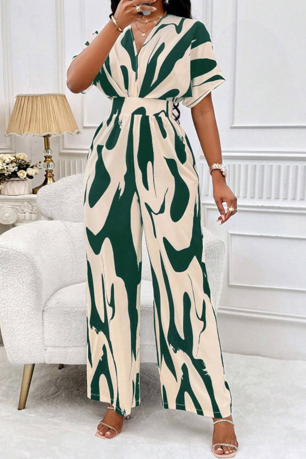 Printed V-Neck Short Sleeve Wide Leg Jumpsuit - Siennasass