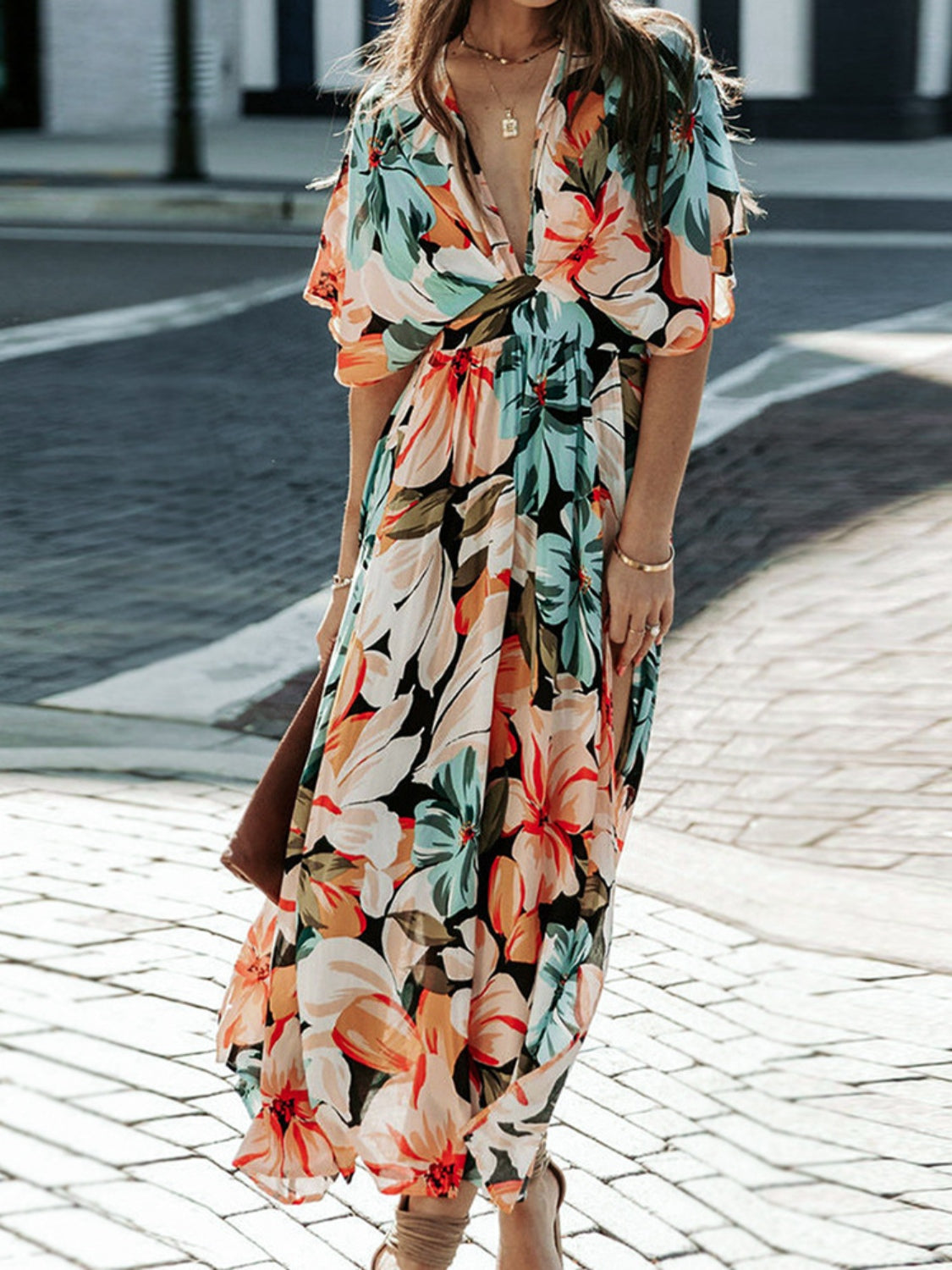 Floral Plunge Half Sleeve Dress - Siennasass