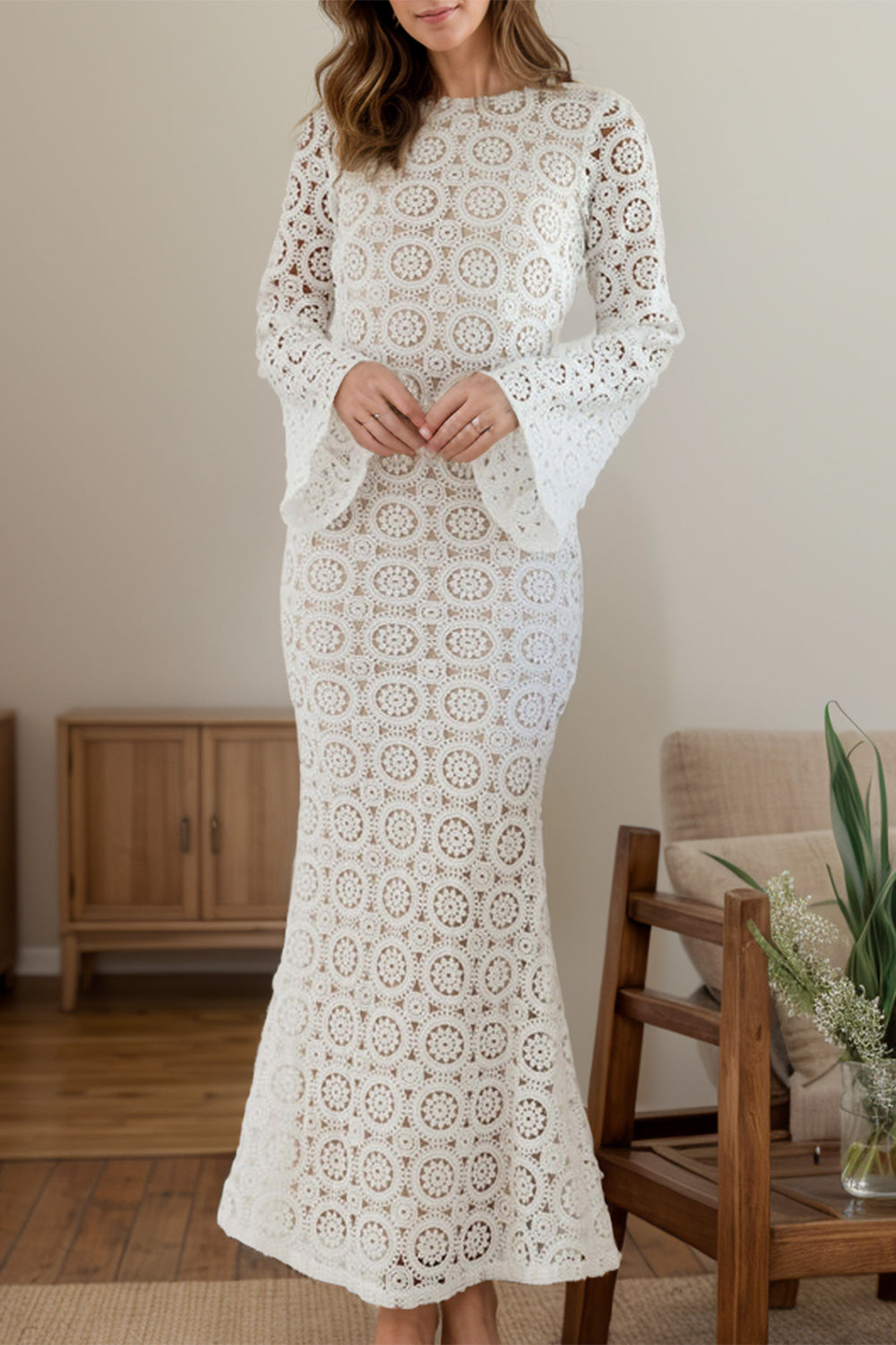 Lace Backless Round Neck Flare Sleeve Dress - Siennasass