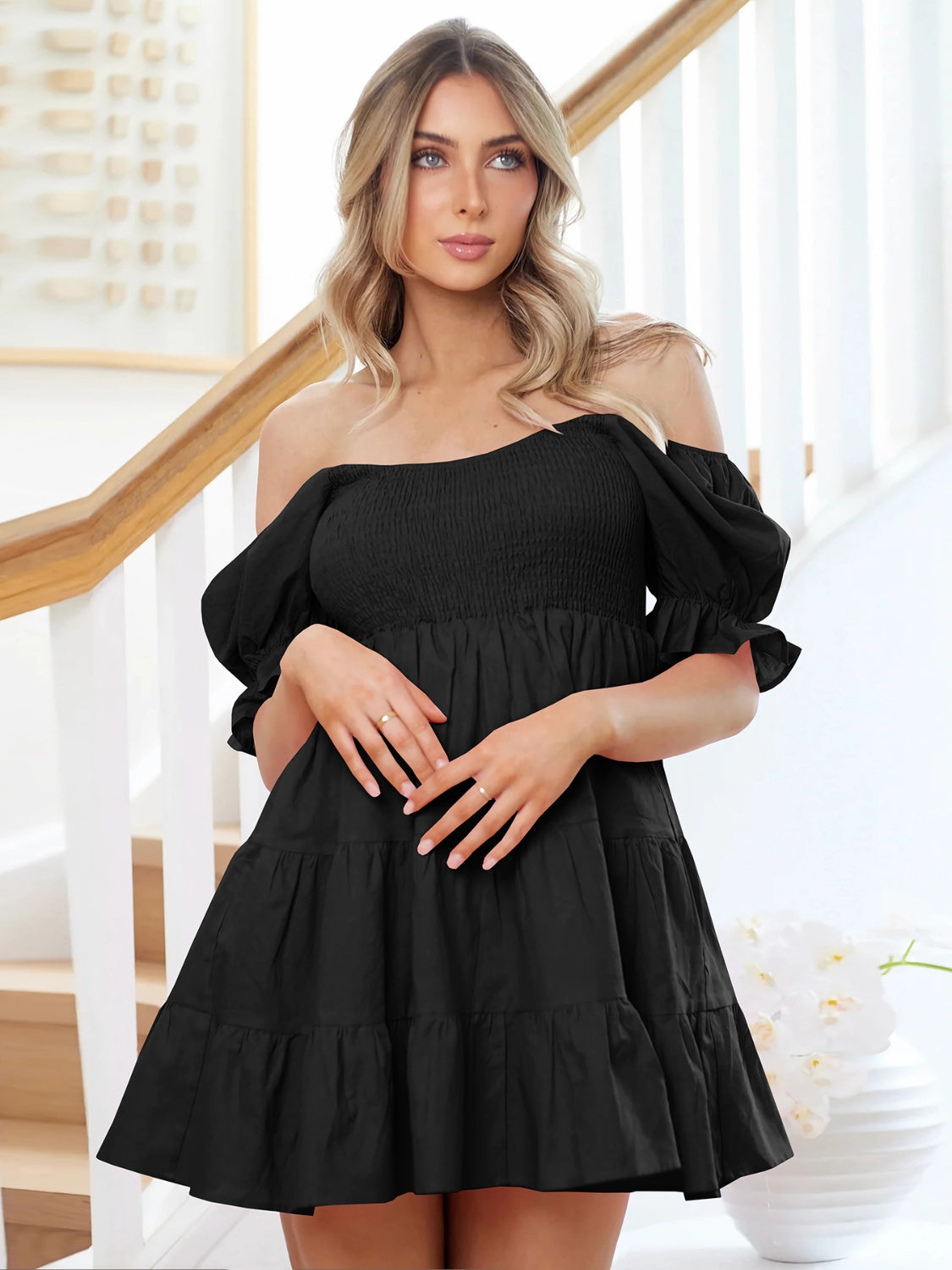 Smocked Flounce Sleeve Mini Dress - Siennasass
