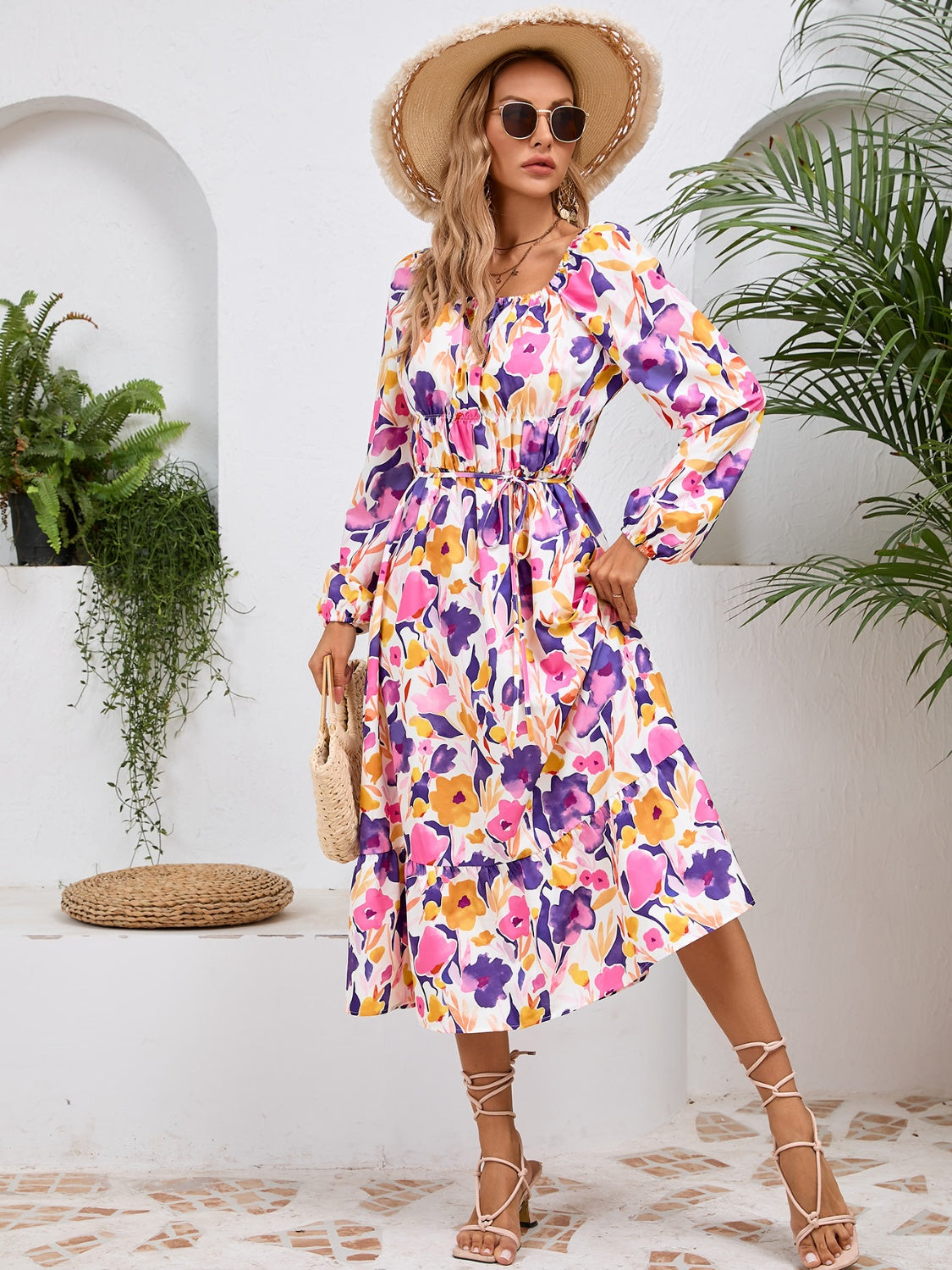 Printed Long Sleeve Midi Dress - Siennasass