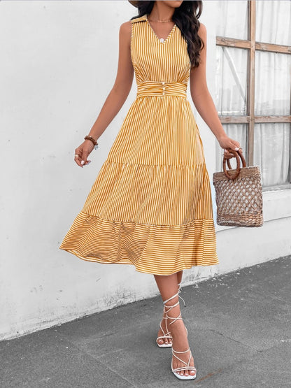 Striped Johnny Collar Sleeveless Midi Dress - Siennasass