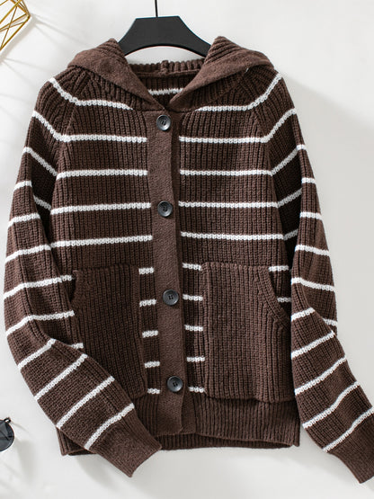 Striped Button Up Long Sleeve Hooded Cardigan - Siennasass