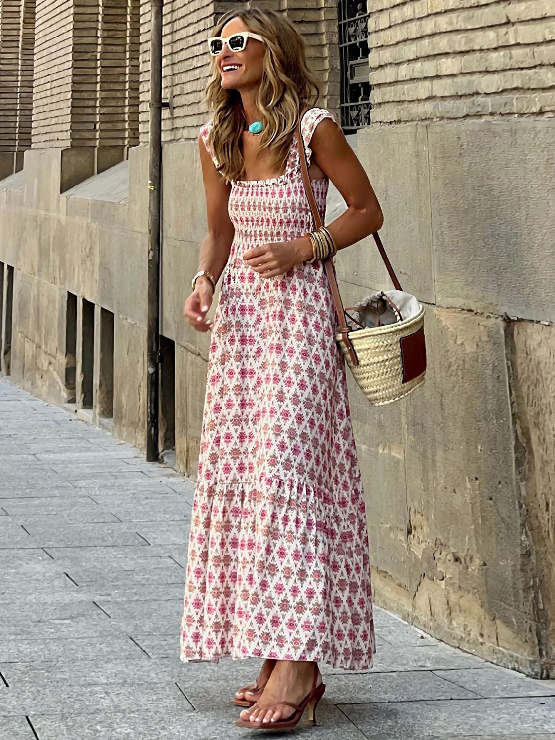 Smocked Printed Square Neck Sleeveless Dress - Siennasass