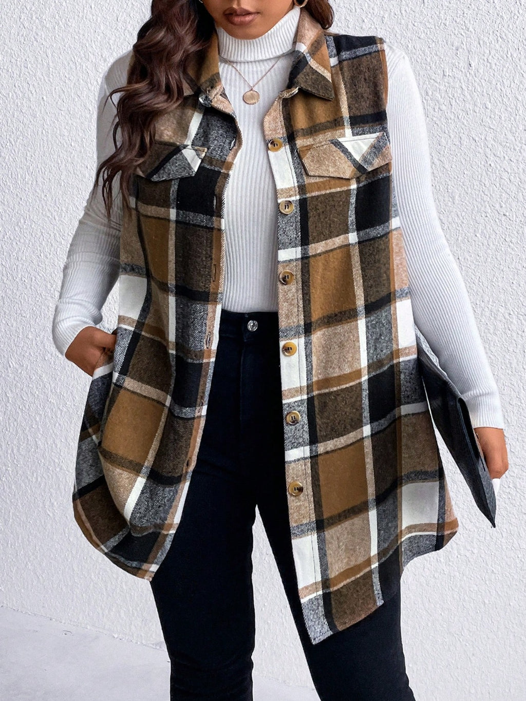 Honey Plus Size Pocketed Plaid Button Up Vest Coat - Siennasass
