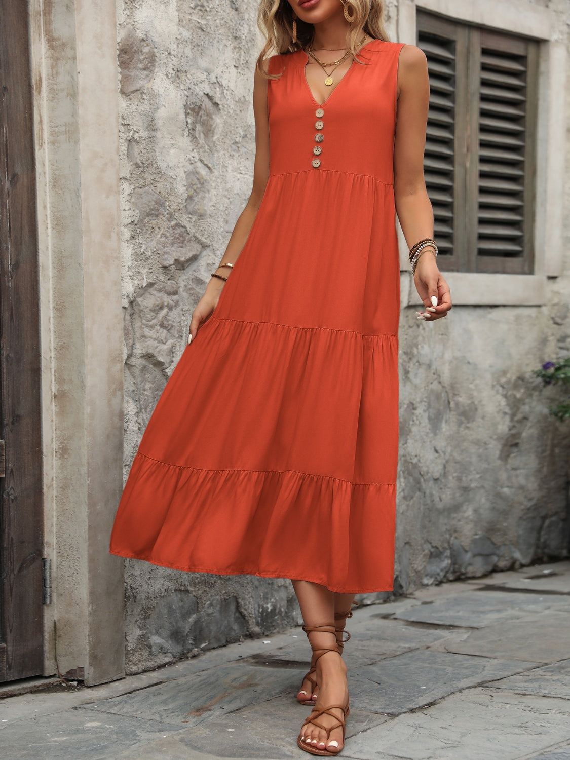 Decorative Button Notched Sleeveless Dress - Siennasass